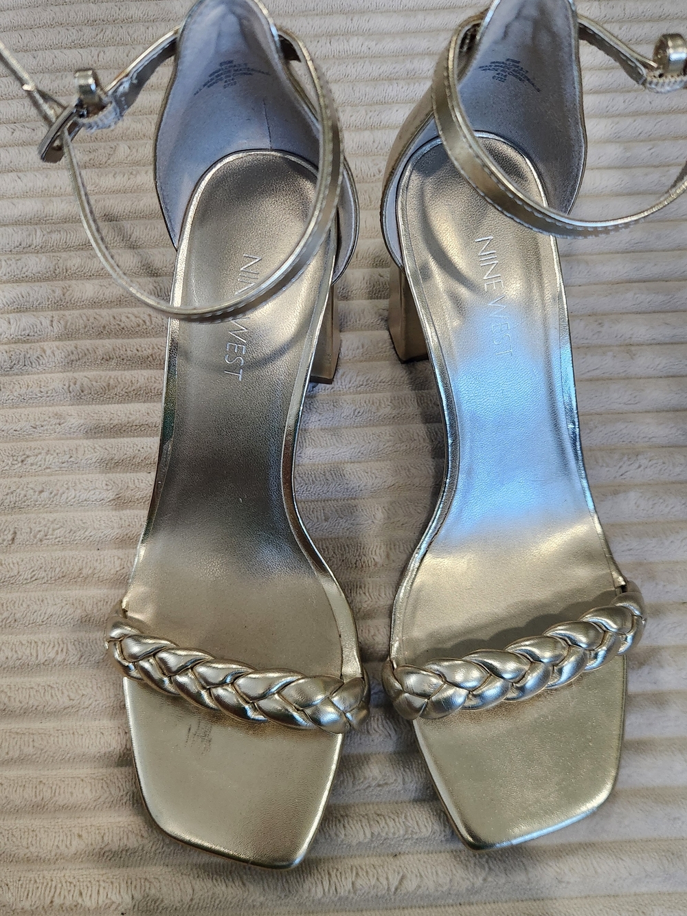 Nine West Metallic Gold Braided Strap Block Heel Sandals